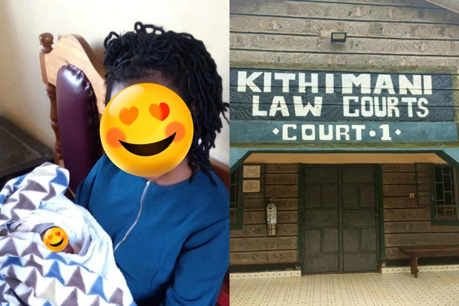 Photo collage of a woman who gave birth and the Kithimani Law Courts.
